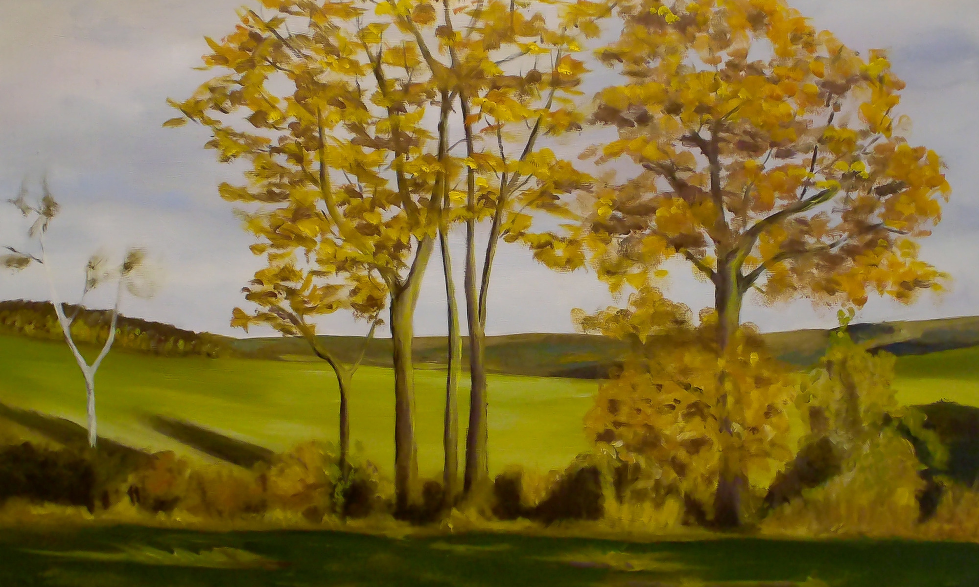 Herbstliche Eichen – Ölgemälde junger Eichen im goldenen Herbstlicht