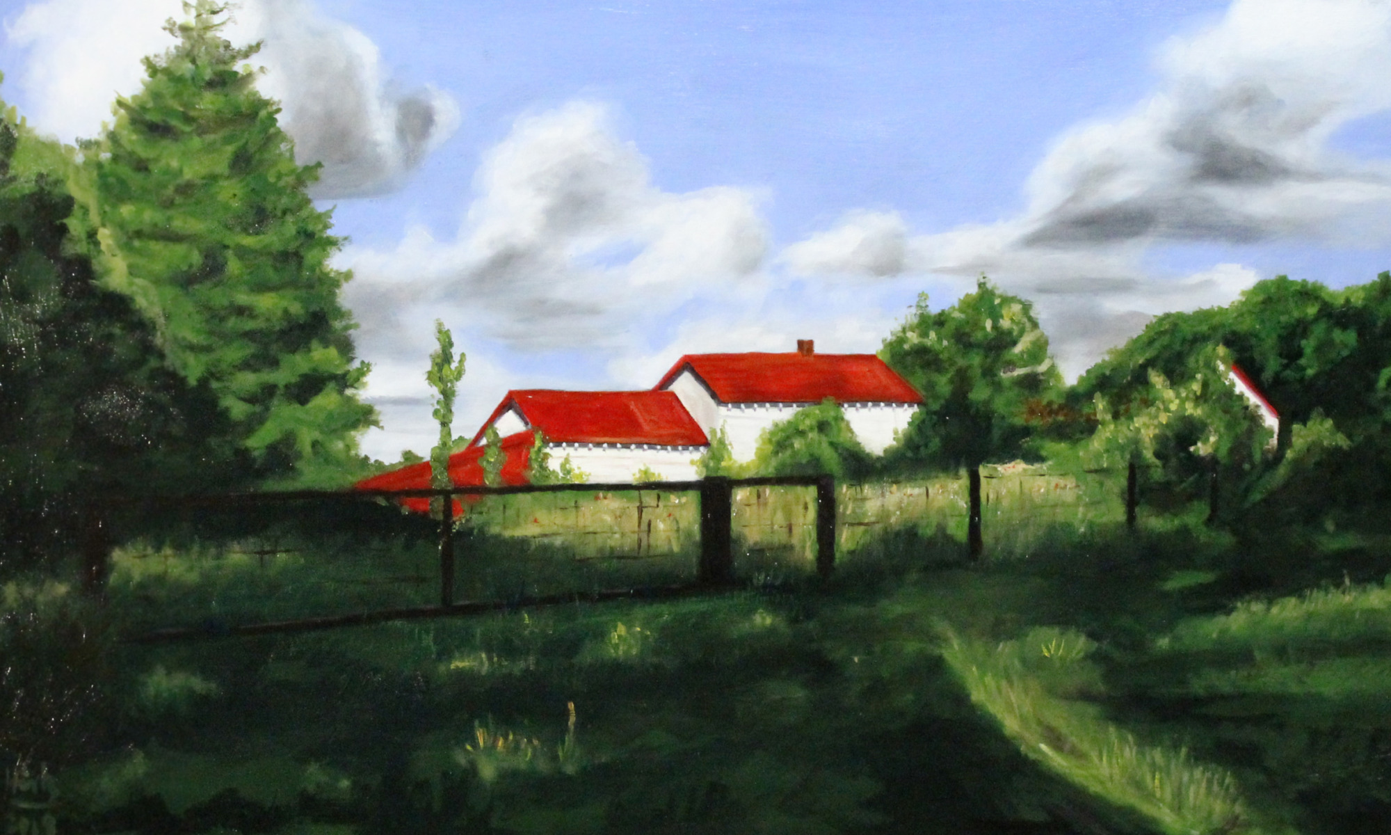 Haus mit rotem Dach – Ölgemälde eines Hauses am Waldrand unter blauem Himmel