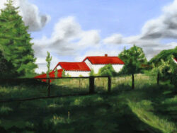 Haus mit rotem Dach – Ölgemälde eines Hauses am Waldrand unter blauem Himmel