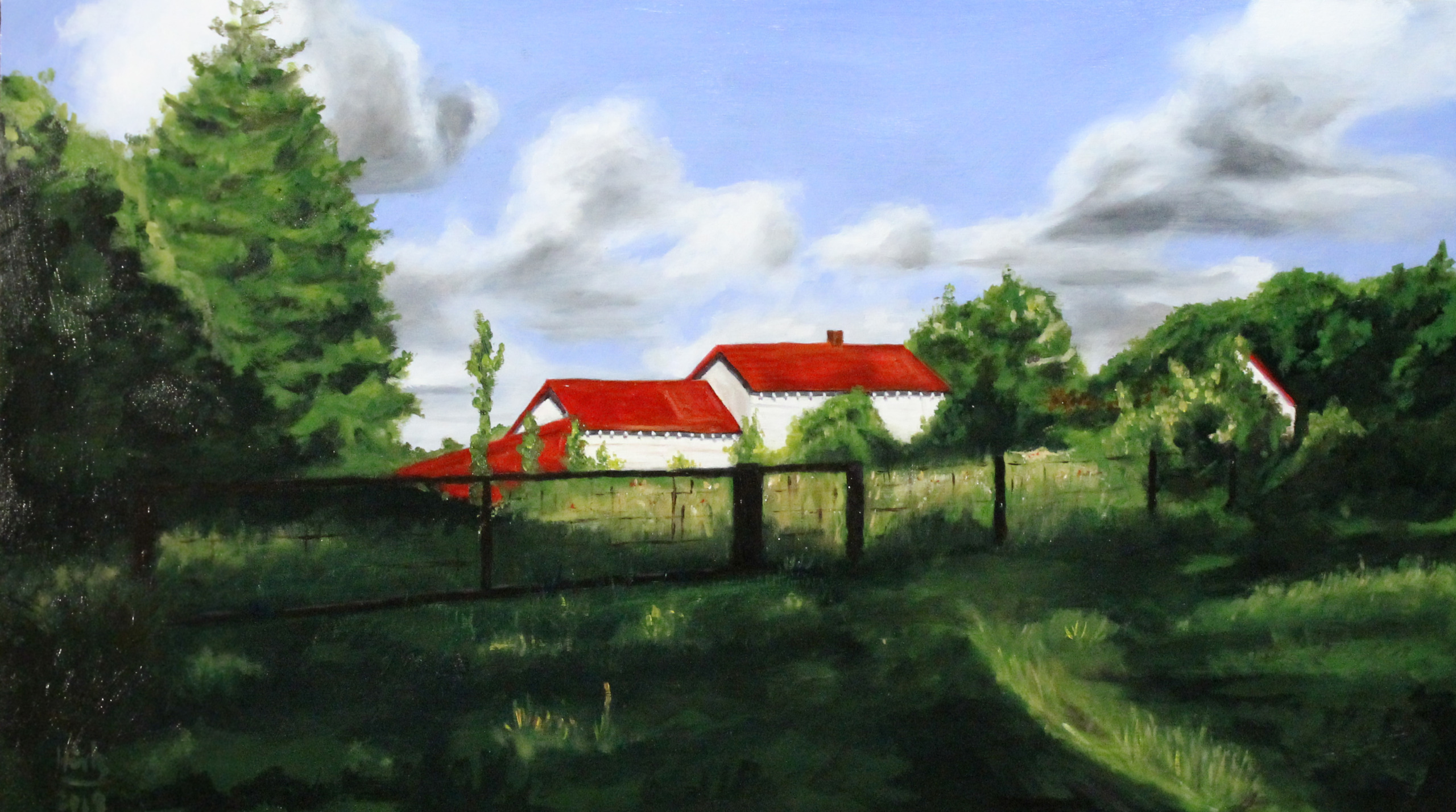 Haus mit rotem Dach – Ölgemälde eines Hauses am Waldrand unter blauem Himmel