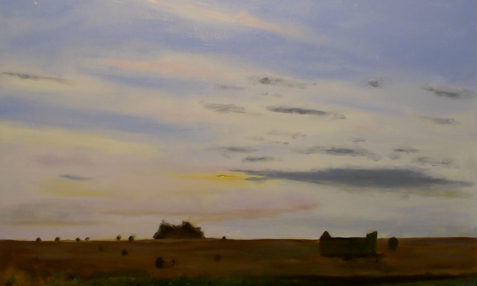 Sonnenuntergang mit Heuballen – Ölgemälde einer Landschaft mit Heuballen im Abendlicht