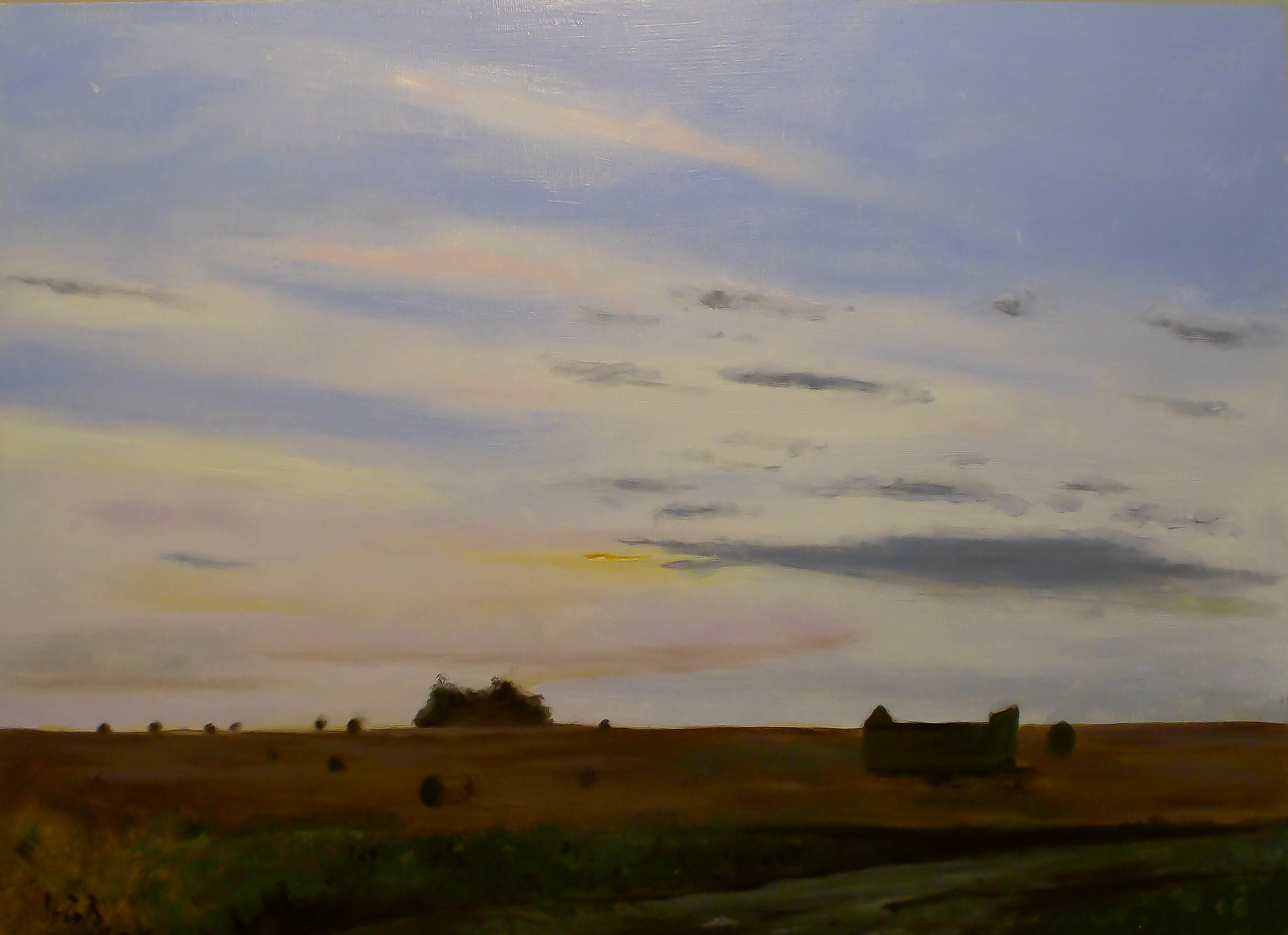 Sonnenuntergang mit Heuballen – Ölgemälde einer Landschaft mit Heuballen im Abendlicht