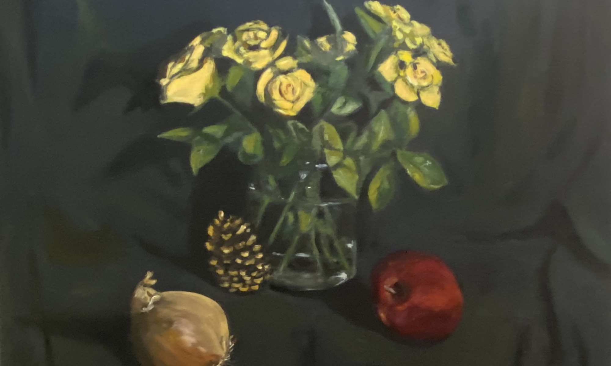 Stillleben mit gelben Rosen – Ölgemälde gelber Rosen im Stillleben