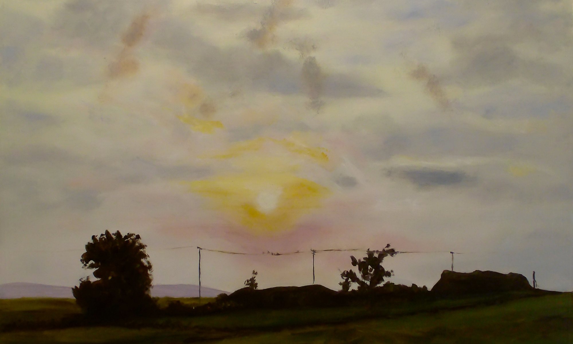 Landschaft im Zwielicht – Ölgemälde einer Landschaft im starken Gegenlicht