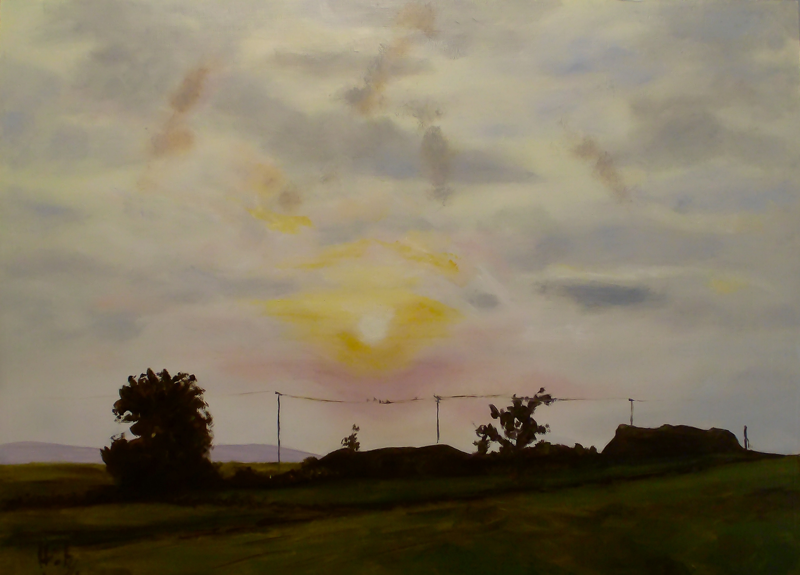 Landschaft im Zwielicht – Ölgemälde einer Landschaft im starken Gegenlicht